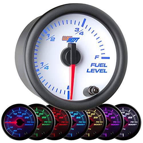 GlowShift  화이트 7 컬러 조절가능 연료 레벨 게이지 - 화이트 다이얼 - 클리어 렌즈 -  가스&  디젤 차량 - 2-1/ 16 52mm