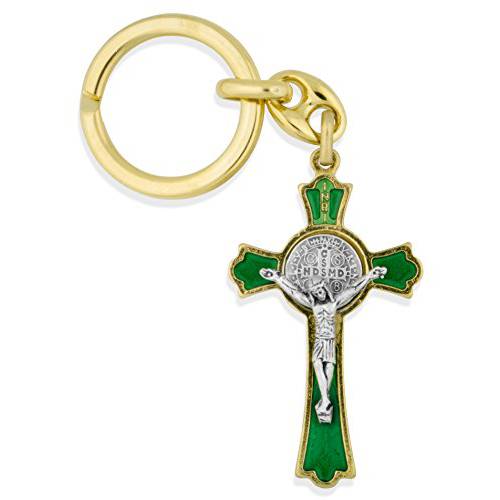 Catholic 세인트 Benedict 키링, 열쇠고리, 키체인 2 크로스 포브 (골드 그린 에나멜)
