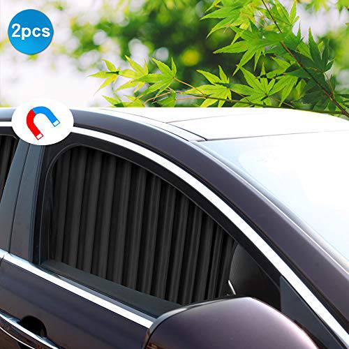 Ovege  자동차 사이드 창문 썬쉐이드, 햇빛가리개 자동차 커튼 주름을잡은 부드러운 석션 자석 (Black-Opaque, 전면 시트 2pcs)