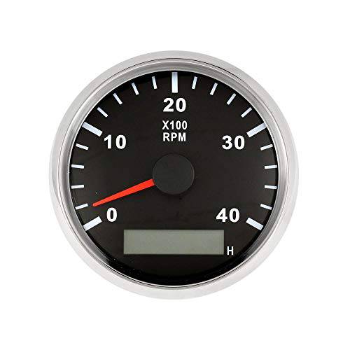 AUXMART 타코미터 게이지 0-4000 RPM 시간 미터 자동차 트럭 보트 요트 백라이트 (블랙+ 실버)