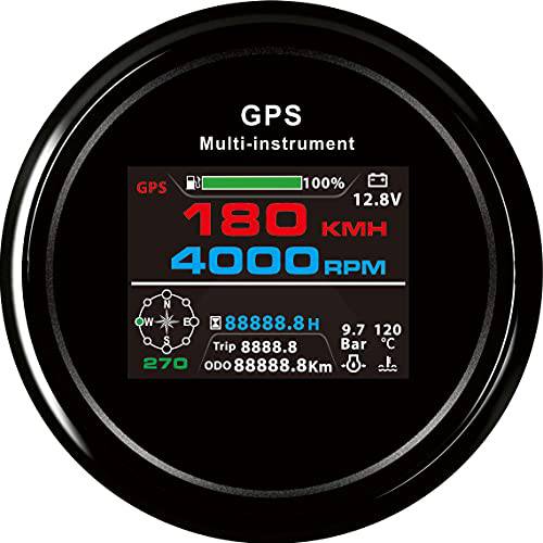 ELING 85mm LCD 0-999KM/ H MPH Knots GPS 속도계 주행거리계 여행 타코미터 시간 보트 트럭 자동차 연료 게이지 전압계 워터 온도 유압 나침반 (블랙+ 블랙)