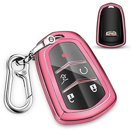 QBUC 캐딜락 키포브, 스마트키 커버, 소프트 TPU 360 도 자동차키 케이스 보호 키체인,키링,열쇠고리 호환가능한 2015-2019 캐딜락 에스컬레이드 CTS SRX XT5 ATS STS CT6 5-Buttons（Pink）