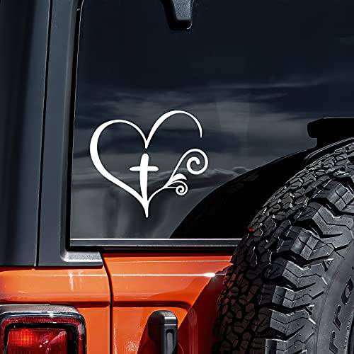Christian Swirl Heart 크로스 데칼 비닐 스티커 오토 자동차 트럭 벽면 노트북 | 화이트 | 5.5 와이드
