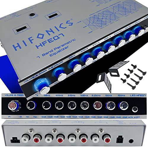 Hifonics HFEQ7 7-Band 9 볼트 1/ 2 DIN Pre-Amp 자동차 오디오 그래픽 이퀄라이저 전면 3.5mm 예비 입력, 리어,후방 RCA 예비 입력 and 하이 레벨 스피커 입력 블랙
