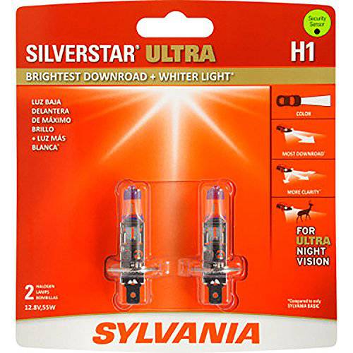 SYLVANIA - H1 SilverStar 울트라 - 고성능 할로겐 헤드라이트전구,  하이 빔, 로우 빔 and Fog 교체용 전구, 가장밝은 Downroad Whiter 라이트, Tri-Band 테크놀로지 (포함 2 전구)