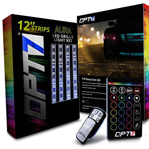 OPT7 Aura 4pc LED 라이트닝 키트  그릴 | 24 Multi-Color 스트립 w/ 사운드싱크 - 주차, 바램, 손전등, 플래시 라이트, Sound-activated - 방수 Peel’n’Stick 전면 그릴 Valence