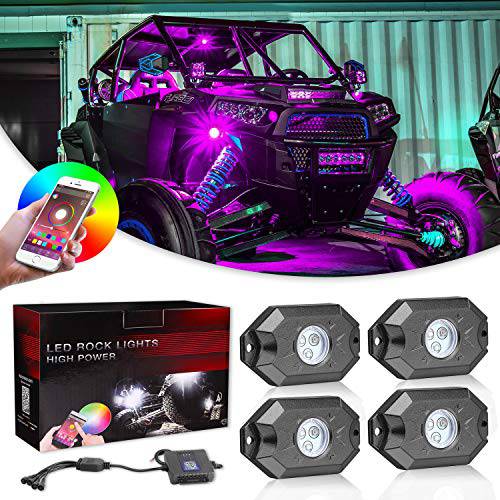 Niwaker RGB 락 라이트 키트, 4 포트 RGB LED 락 라이트 블루투스 컨트롤 다양한색 네온 LED 라이트 언더글로우 라이트 트럭 ATV UTV SUV 보트 오프로드