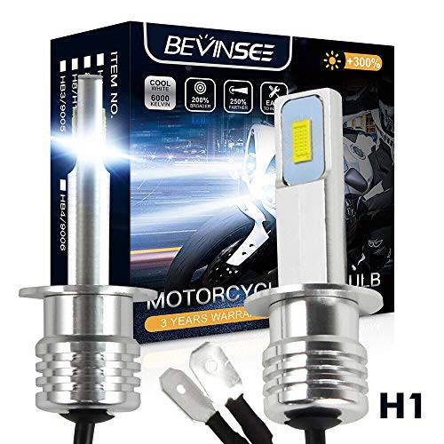 Bevinsee H1 오토바이 헤드라이트,전조등 LED 화이트 하이/ 로우 빔 전구 6500K, 2pcs