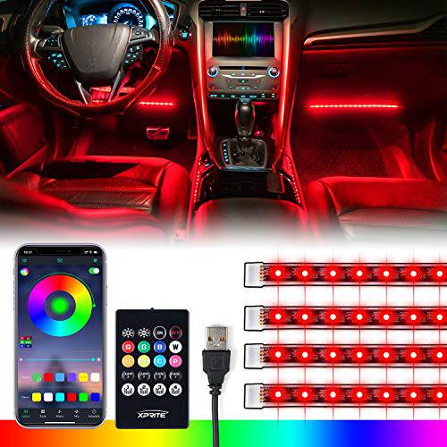 Xprite RGB LED 자동차 인테리어 블루투스 라이트 스트립 무선 리모컨 실리콘 봉인 디자인, 언더 대시보드 풋웰 라이트 키트 w/ USB 케이블, 범용 차량 내장, SUV, 트럭 -4 PCS