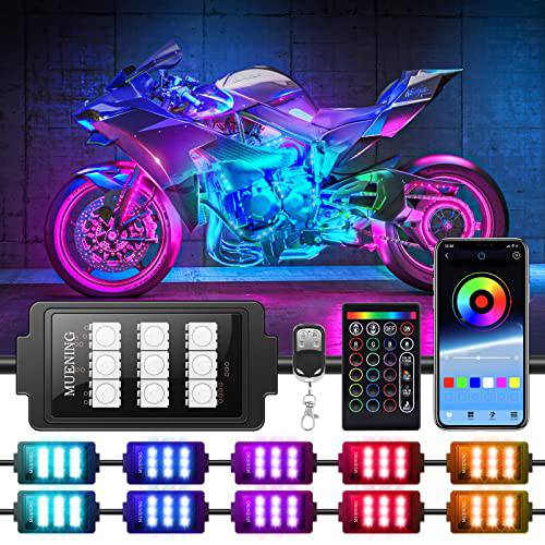 MUENING 10 Pcs 오토바이 RGB LED 스트립 라이트, 어플& RF 무선 스마트 컨트롤러 호환가능한 카트 Trikes 크루저 스쿠터 ATV UTV