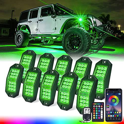 Xprite 와이드 앵글 블루투스 RGB LED 락 라이트 키트, 다양한색 네온 라이트닝 풋웰 언더글로우 키트 w/ 무선 리모컨, 호환가능한 Off-Road 트럭 자동차 UTV ATV SUV RZR 오토바이 보트 10 PCS
