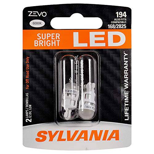 Sylvania Zevo 194 화이트 T10 W5W 소켓 LED 슈퍼 브라이트 인테리어 외부 차량 자동차 라이트닝 사용목적 라이트 전구 세트 (2 팩)