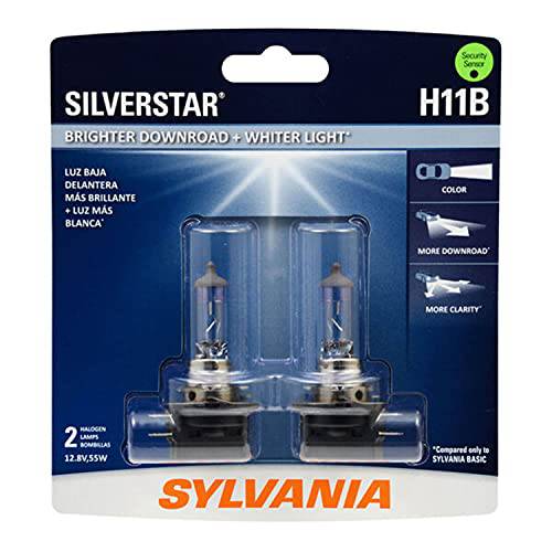 SYLVANIA - H11B SilverStar - 고성능 할로겐 헤드라이트전구,  하이 빔, 로우 빔 and Fog 교체용 전구, Brighter Downroad Whiter 라이트 (포함 2 전구)