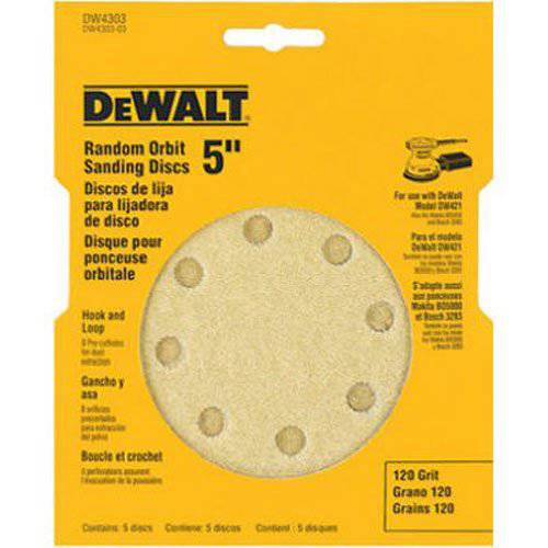 DEWALT DW4303 5-Inch 8-Hole 120-Grit Hook-and-Loop 랜덤 오비트 사포 (5-Pack)
