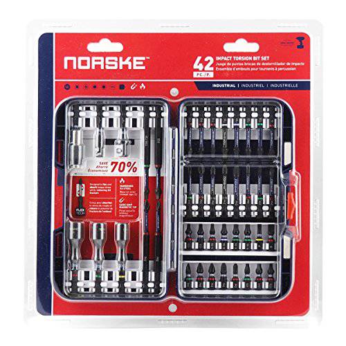Norske Tools NIBPI703 42PC 충격 Torsion 드라이버 비트 세트 including PH 팁, SQ 팁, TORX 팁, 소켓 어댑터, Nutsetters, 마그네틱,자석 QC 비트 홀더