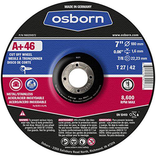 Osborn 1183251572 커팅/ Cut-Off 디스크, T27, 7 x 0.060 x 7/ 8, a+ 46, Advanced 알루미늄옥사이드, 8600 맥스 RPM, 7 직경, 7 타입 (팩 of 25)