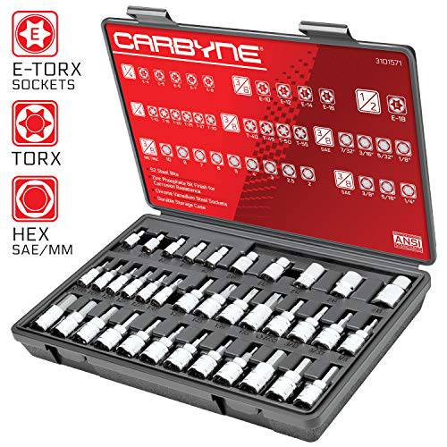 CARBYNE 36 피스 육각, Torx 비트 소켓& E-Torx 소켓 세트, S2 스틸 | 1/ 4, 3/ 8& 1/ 2 드라이브