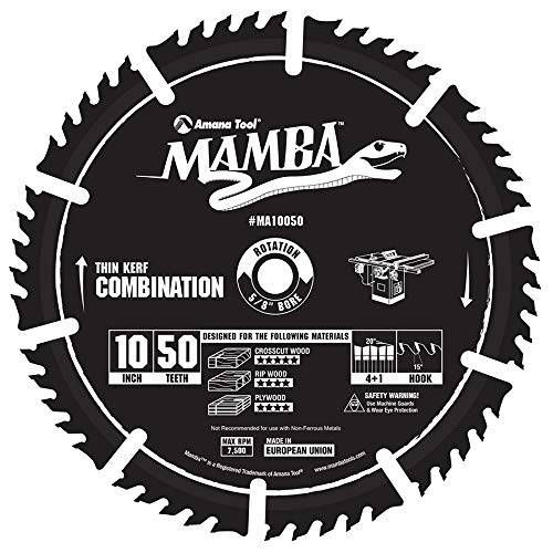 Amana 툴 MA10050 카바이드 팁 Thin Kerf 콤비네이션 Mamba Contractor Series 10 인치 D x 50T, 4+ 1, 15 deg, 5/ 8 구경 원형 톱날