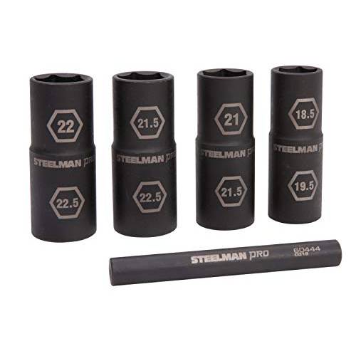 Steelman Pro 5-Piece 1/ 2-Inch 드라이브 매트릭 6-Point Thin 벽면 충격 플립 소켓 and Knockout 바 세트 1/2,하프 사이즈 (18.5 x 19.5mm, 21 x 21.5mm, 22 x 22.5mm, and 21.5 x 22.5mm 소켓)