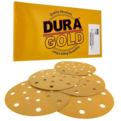 Dura-Gold - 프리미엄 - 120 그릿 - 6 골드 원형사포 - 17-Hole 패턴 먼지없는 후크 and 루프 DA 샌더 - 박스 of 50 피니싱 사포 원형 목공 or 자동차