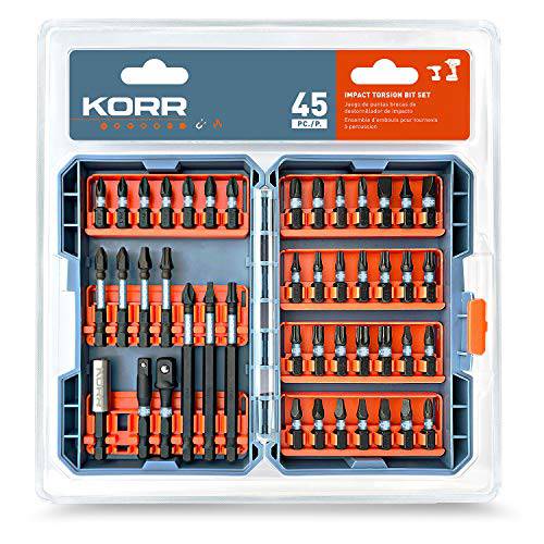 Norske Tools KORR KIBPP021 45 pcs 충격 Torsion 드라이버 비트 세트 필립스 팁, 사각 Recess 팁, Torx 팁 and 슬롯 팁
