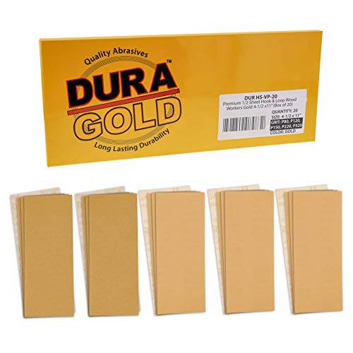 Dura-Gold  프리미엄 사포 1/ 2 장 버라이어티팩 박스 - 80, 120, 150, 220& 320 그릿 (4 시트 Each, 20 Total) - 우드 Workers 골드, 4-1/ 2 x 11 사이즈,  후크&  루프 백킹 - 핸드 샌드 샌더 샌딩