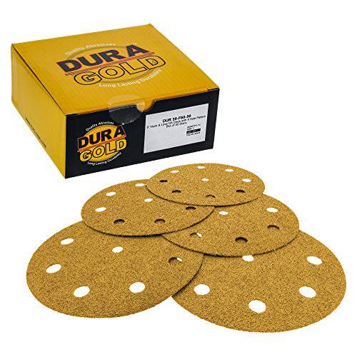 Dura-Gold - 프리미엄 - 60 그릿 - 5 골드 원형사포 - 9-Hole 패턴 먼지없는 후크 and 루프 DA 샌더 - 박스 of 50 피니싱 사포 원형 목공 or 자동차