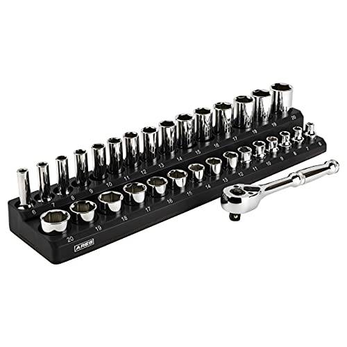 ARES 47004-32-Piece 3/ 8-inch 드라이브 매트릭 소켓 and 90-Tooth 래칫 세트 자석 오거나이저, 수납함, 정리함 - 사이즈 6mm to 20mm 딥 and 얕은 소켓