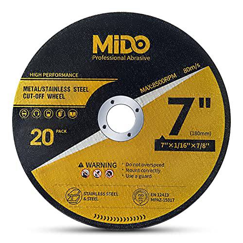 MIDO 프로페셔널 연마제 20 팩 Cut Off 휠 7 인치 커팅 휠 7”x1/ 16”x7/ 8” 메탈& 스테인레스 스틸 커팅 디스크 호환 앵글 그라인더
