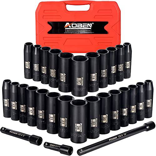 AOBEN 1/ 2-Inch 드라이브 임팩트소켓, 육각비트소켓 세트, 29 피스, 6 포인트, SAE/ 매트릭, (3/ 8 - 1, 10mm - 24mm), 딥, Cr-V 스틸, 포함 3, 5, 10 연장 바