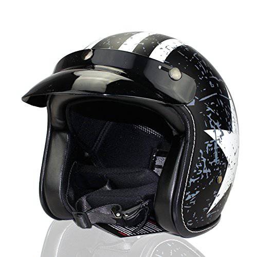 Woljay 3/ 4 오픈 페이스 헬멧, 오토바이 헬멧 플랫 Rebel 블랙+  화이트 스타 그래픽 (L)