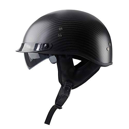 Woljay 카본 파이버 오토바이 성인 헬멧 빈티지 하프 헬멧 드롭 다운 썬 렌즈 (L, 매트 블랙)