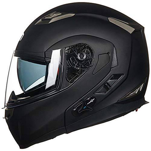 ILM 블루투스 통합 모듈식 플립업 풀 페이스 오토바이 헬멧 썬 쉴드 6 라이더 Group 선내통화장치 Mp3 (L, 매트 블랙)