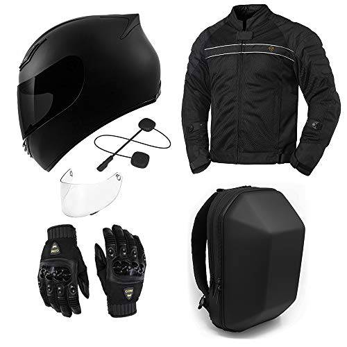 GDM 오토바이 보호 기어 번들, 묶음 - ( 헬멧, 블루투스 헤드셋, 재킷, 장갑, 백팩) 패키지 세트 (미디엄, 스텔스 블랙)