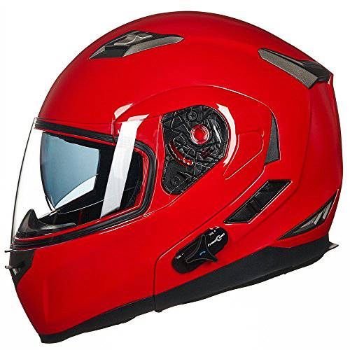 ILM 블루투스 통합 모듈식 플립업 풀 페이스 오토바이 헬멧 썬 쉴드 Mp3 선내통화장치 (L, 레드)