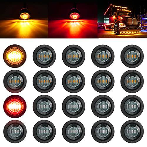 PSEQT 3/ 4 라운드 LED 사이드 마커 클리어런스 라이트 전면 리어,후방 마커 인디케이터 테일라이트, 후미등 방수 트레일러 트럭 자동차 버스 밴 픽업 RV 랭글러 실버라도 (20pcs Smoked 렌즈 레드&  노란색 LED)