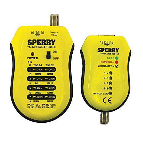 Sperry Instruments TT64202 케이블 테스트 플러스,  동축& utp/ STP 케이블 테스터 - Detects: 반바지/ Miss-wires& Reversals, 배선 레퍼런스 차트 포함, 2 PC. 키트, Yellow&  블랙