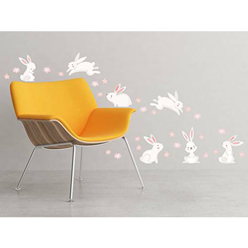 Sunny Decals Cute Bunny Rabbits and 플라워 벽면 데칼 - 이동할수있는 천 벽면 스티커