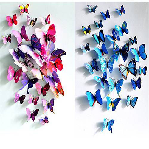 HAKDAY 24 PCS 3D 버터플라이 벽면 스티커 공예 Butterflies DIY 아트 장식,데코 홈 Room Decorations, 12 PCS for Blue and 12 PCS For 퍼플