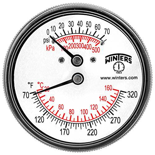 Winters TTD Series 스틸 듀얼 스케일 Tridicator 조리온도계 2 스템, 0-75psi/ kpa, 2-1/ 2 다이얼 디스플레이, A±3-2-3% 정확성, 1/ 4 NPT 후면 마운트, 70-320 Deg F/ C