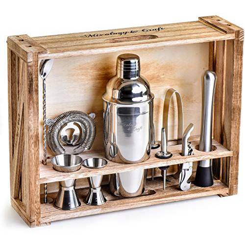 Mixology 바텐더 Kit: 11-Piece 바 툴 세트 with Rustic 우드 대 - 완전한 홈 Bartending Kit and 칵테일안주,디저트 쉐이크,쉐이커 세트 For an Awesome 음료 믹싱 Experience (Silver)