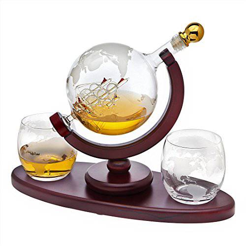 위스키 디캔터,와인에어레이터 지구본 세트 with 2 에칭 지구본 Whisky 안경, 보안경, 차단 안경 - 용 Liquor, Scotch, Bourbon, Vodka - 850ml