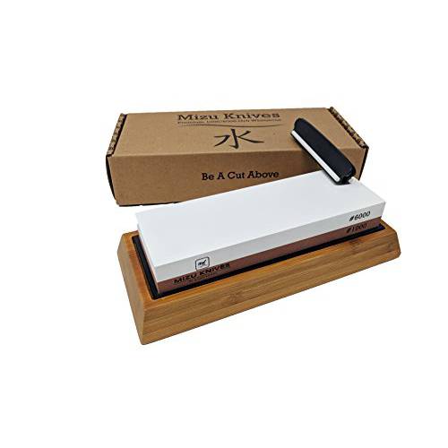 Mizu 1000/ 6000 Grit 고급 숫돌 칼갈이 Set, Ideal 샤프너,칼갈이 for 모든 Blades, Japanese Style 워터스톤 with Non 슬립 Bamboo Base, Includes 앵글 안내서&  Instructions