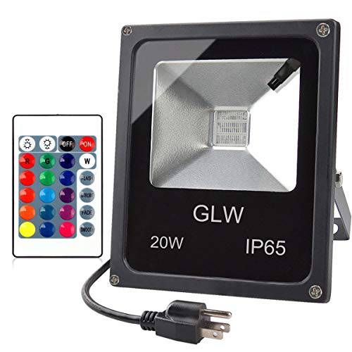 GLW LED RGB 홍수 Light, 20W 아웃도어 컬러 체인징 라이트 with 리모컨, 원격, IP65 방수 디머블, 밝기 조절 가능 벽면 세척기 Light, 홍수 램프 16 컬러 4 Modes with US 3-Plug