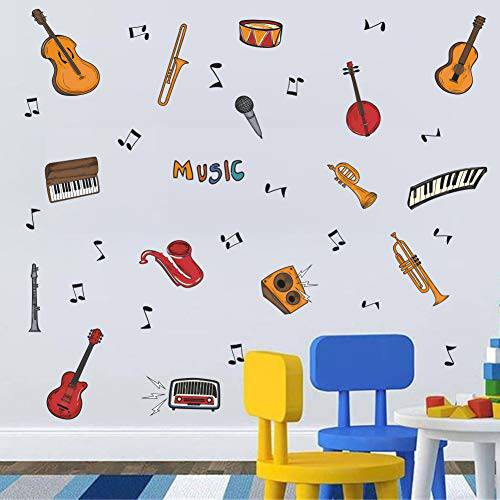 TOARTi Colorful Music 벽면 데칼,스티커 (34pcs), Attractive 뮤지컬 Instrument with 기타 Piano 뮤지컬 Note 스티커 for 교실 Music 스튜디오 데코레이션,데코,장식