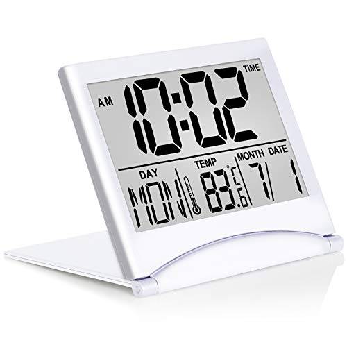 Betus 디지털 여행용 알람 시계 - 접이식 달력 온도&  시간제노동자 LCD 시계 with 스누즈버튼,알람다시울리기 양식 - 큰 넘버 Display, 배터리 움직이는 - 소형, 콤팩트 데스크 시계 호환 모든 Ages (Silver)
