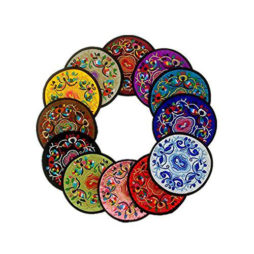12 Pcs 자수 Cloth 천 Coasters 호환 워터 빈티지 Ethnic 플로럴 Design Cup 매트 흡수 Coaster (Mixed Colors)