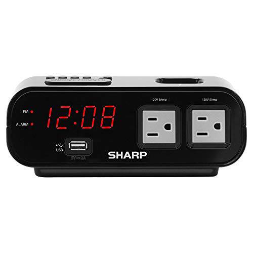 Sharp 디지털 알람 시계 with 2X 파워 Outlets with Surge 프로텍트 and 래피드 충전 USB 포트 - 회색 Outlets