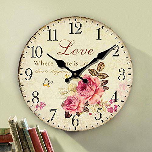 Eruner 로맨틱 Roses Clock, 14 Country 플로럴 벽면 ClockLove 나무 아트 장식,데코 Non-Ticking 홈 Decoration(C-62)