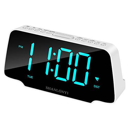 SHANLONYI 알람 시계 Radiowith 9 Inch 청록, 시안색 LED Display, 3 Dimmer, Snooze, FM Radio, 12/ 24H, 오토 DST, USB Chargers, 배터리 백업 for Kids,  숙면, 노인
